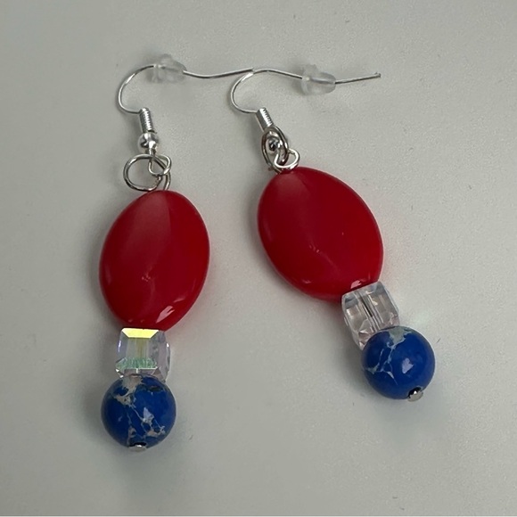 Square AB Glass Bead Earrings and blue and red glass Handmade patriotic 3476 - Picture 5 of 10
